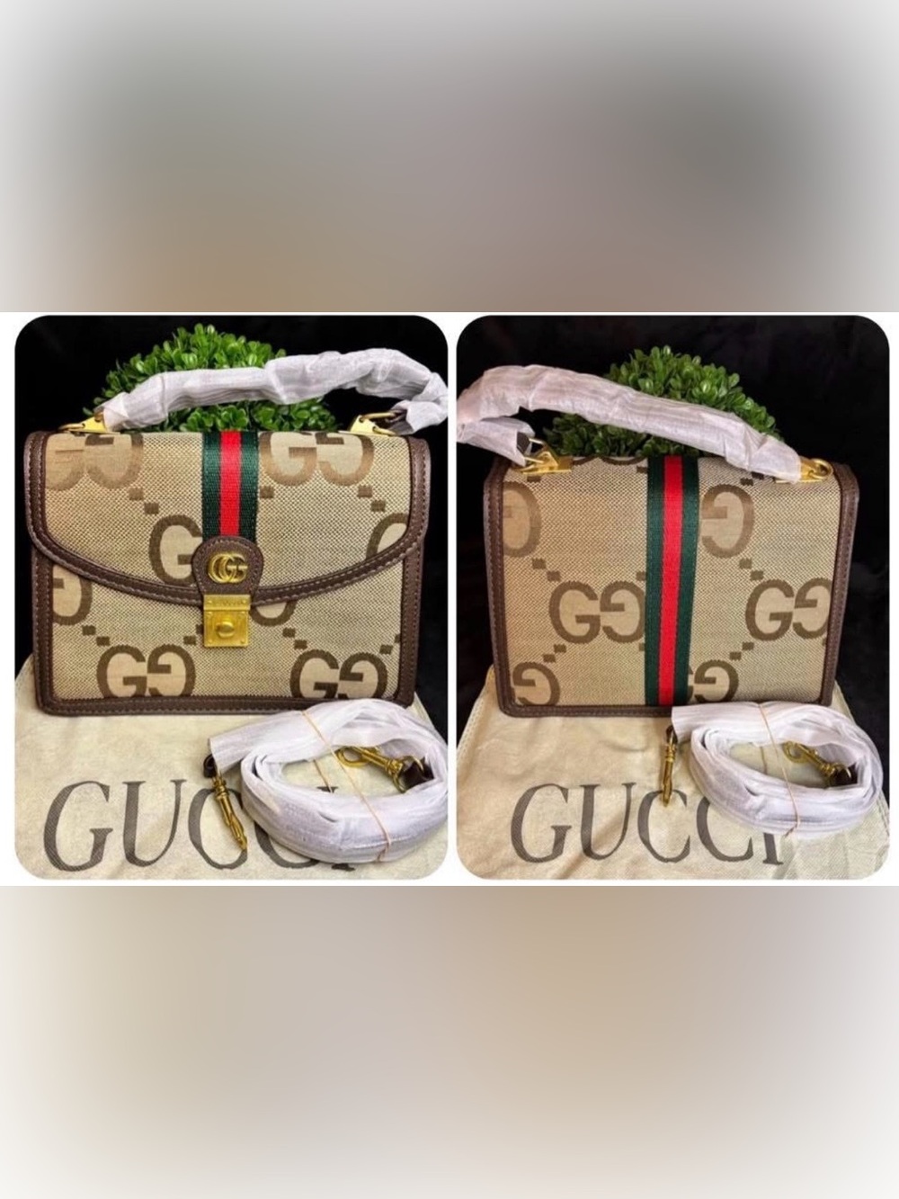 Gucci Beige GG Canvas Crossbody with Green-Red Web Stripe